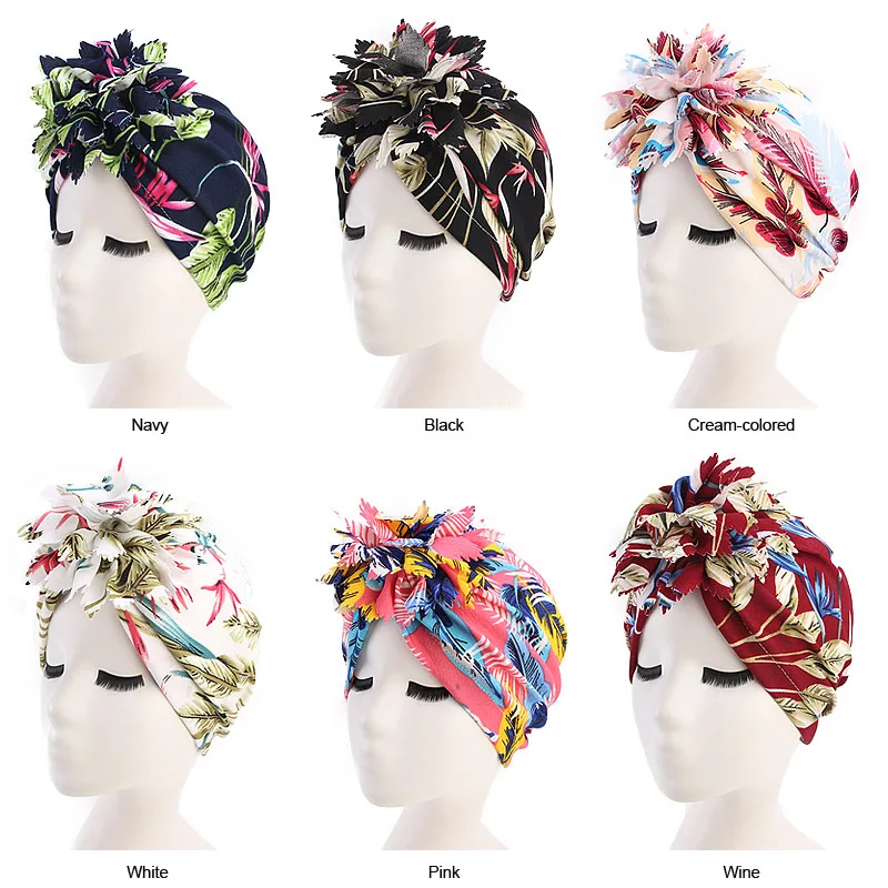 

Muslim Women Print Big Flower Turban Hats Chemo Beanie Hijab Pleated Wrap Cover Cap Hair Loss for Cancer Accessories