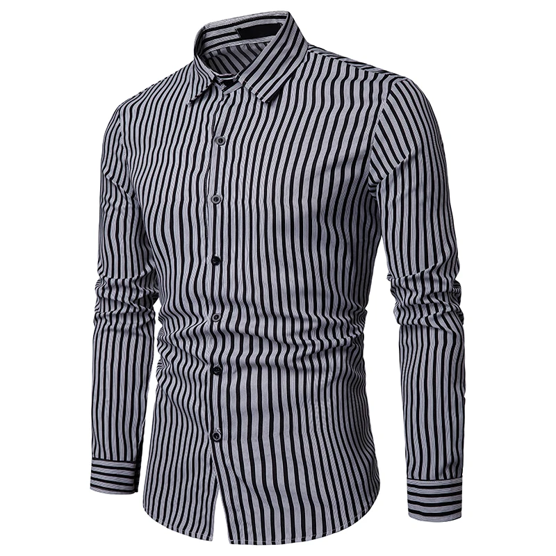 

2019 European Style Men Business Spring and Autumn Stripes Casual Long Sleeve Shirt