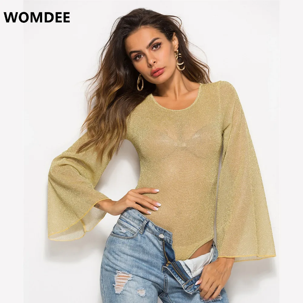 Lurex Mesh Women Sexy Perspective Bodysuits Slim Stretch Long Flare Sleeve Clubwear Jumpsuits 2018 New Autumn Casual Lace Tops 