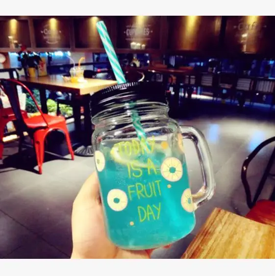 450ml Glass Mason Jar Mug with Lid and Straw Summer Ice Cream Fruit Cold Drinking Water Jars Juice Cup - Цвет: 9