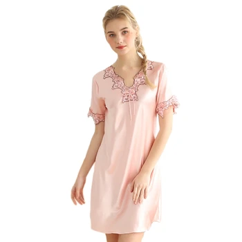 

Women Night Dress Nightwear Summer Short Sleeve Sleep Shirt V-Neck Lace Night Dress Gown Fashion Elegant Short Kimono Nightgow