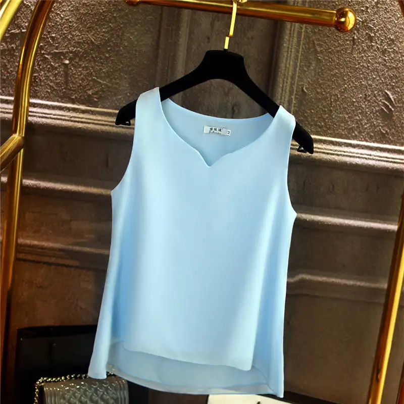 Модная Новая тонкая женская блузка Летний шифон без рукавов рубашка однотонная с v-образным вырезом Повседневная Блузка размера плюс 5XL свободные женские топы - Цвет: sky blue