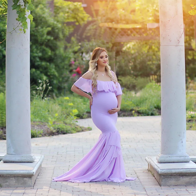 Платье для беременных с гофрированным воротником и открытыми плечами; реквизит для фотосессии; платье для беременных; Платье для фотосессии - Цвет: Фиолетовый