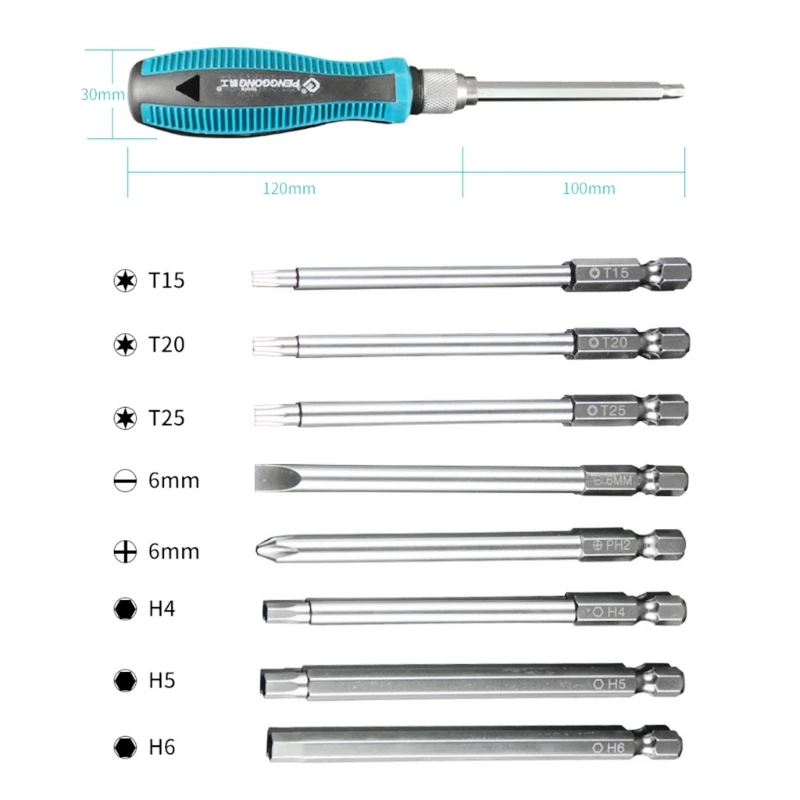 

9-In-1 Hex Trox Phillips Slotted Insert Bit Rubber Handle Screwdriver Set Tools