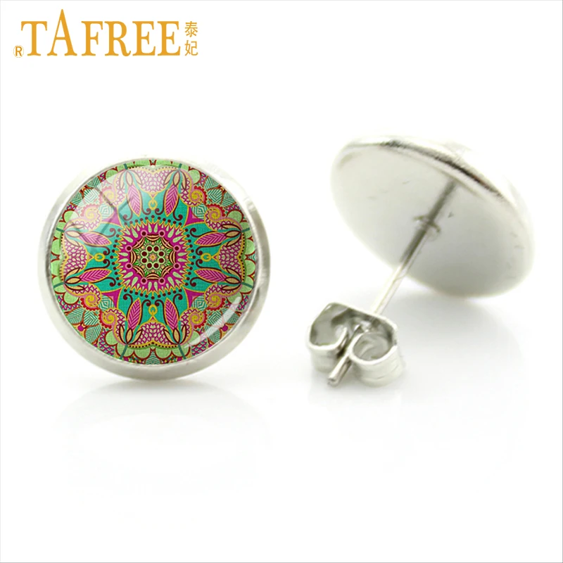 

TAFREE Mandala Flower Earrings fashion morocco style stud earring round dome glass new cabochon women accessories jewlery A351