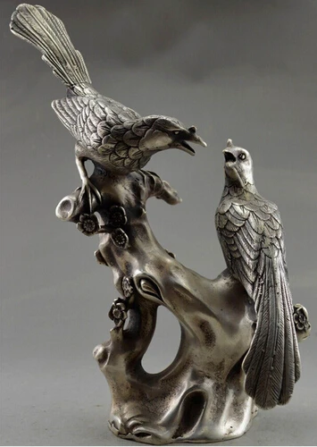 

0 Collectible Decorated Old Handwork Tibet Silver Carve Pair Magpie On Tree Statue