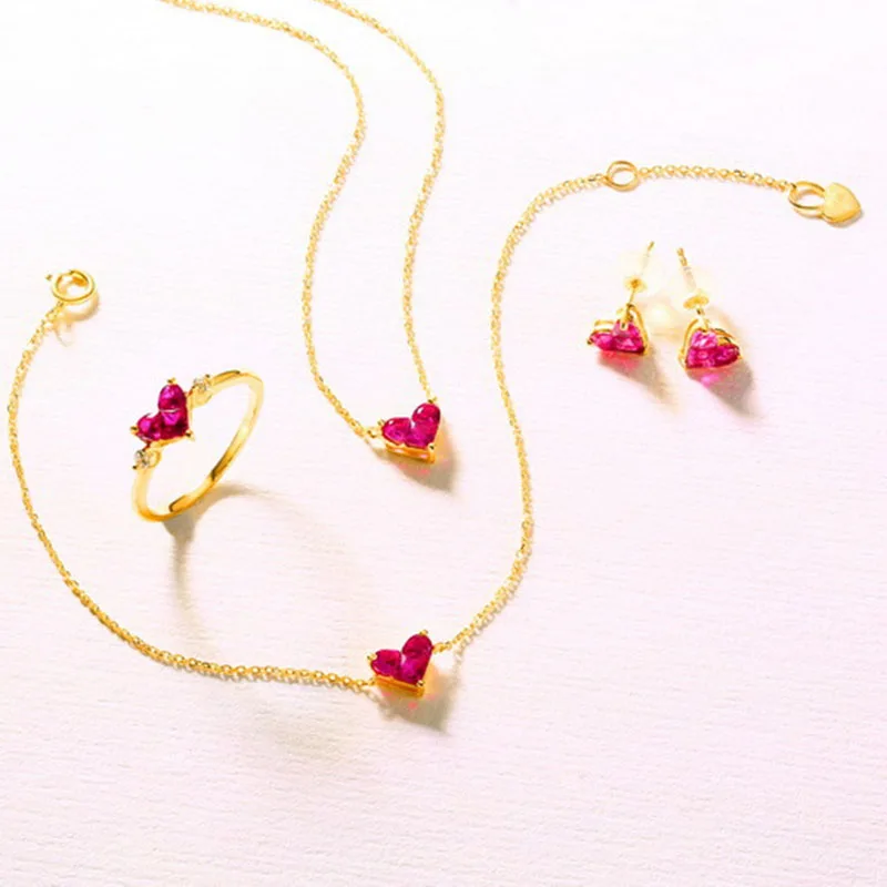 ANI 14K Yellow Gold Pendant Necklace Red Corundum Fine Color Gemstone Jewelry Women Engagement Necklace Fashion Birthday Gift
