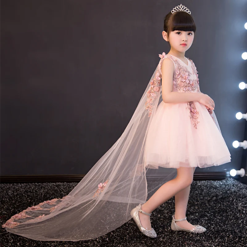

Glizt Appliques Tulle Flower Girl Dress Long Trailing Princess Ball Gown Party Wedding Dress First Communion Dresses For Girl