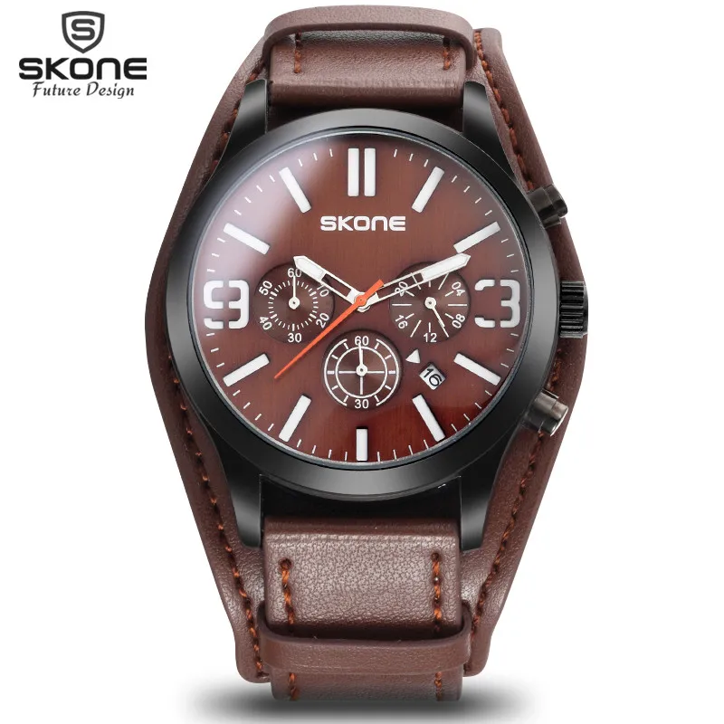 

SKONE Wrist Mens Watches Top Brand Luxury Amry Military Clock Men Leather Watch Chronograph 6 Hands 24 Hours Watch reloj hombre