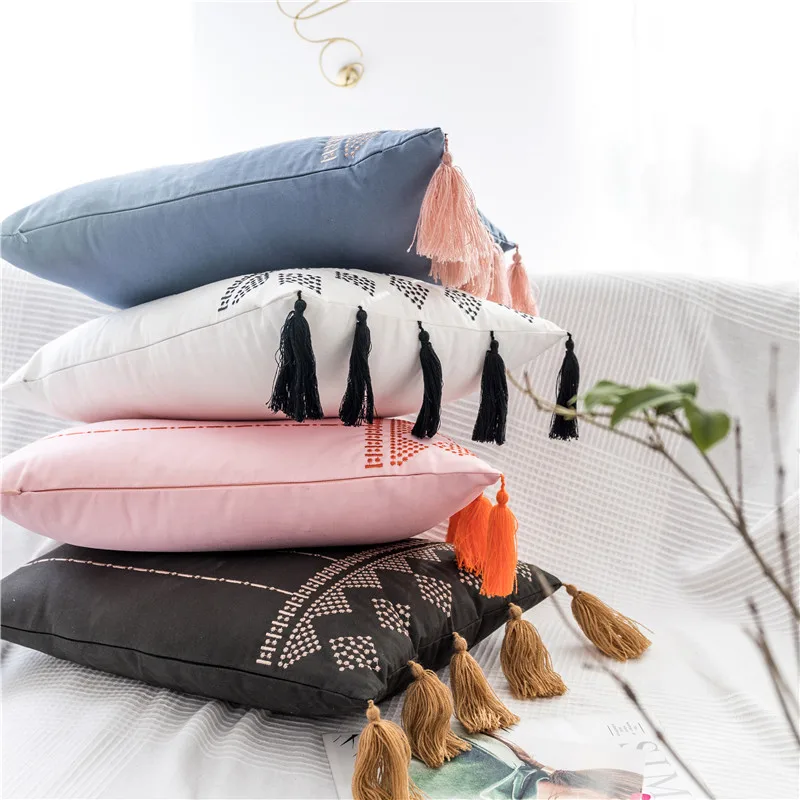 Spring Cushion Cover Pink Blue Black White Home Decorative Embroidery Tassels Pillow Cover for Home Sofa Bed Rectangle 38x48cm