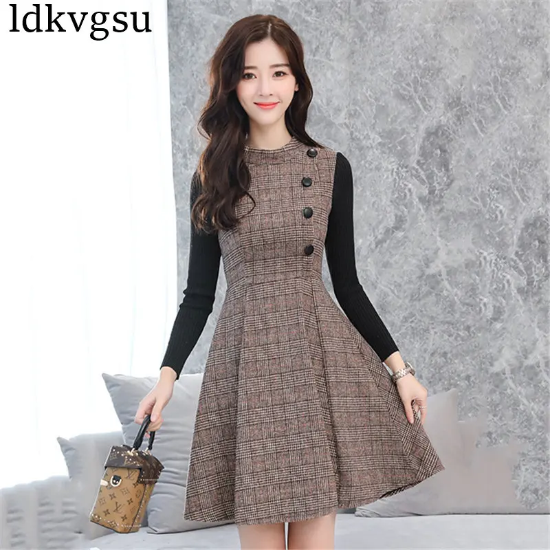 

Autumn Winter Dress Women 2019 New Fashion Plaid Woolen Dress Stitching Slim Large size Long sleeves Women Office Dress V197