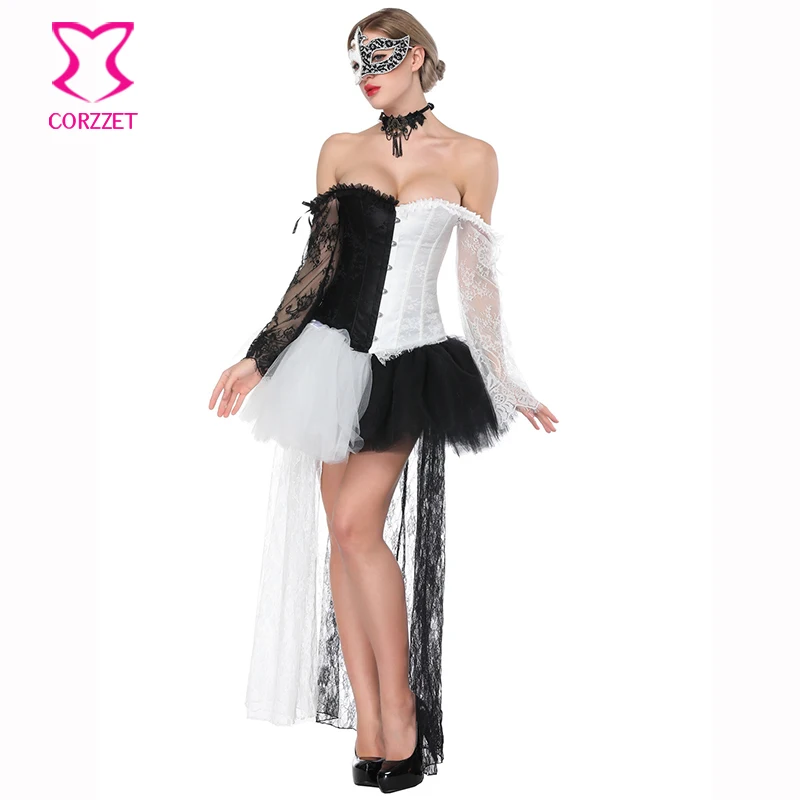 Черный и белый стимпанк платье Викторианский корсет платья готическая одежда сексуальные корсеты и бюстье Бурлеск костюмы Showgirls
