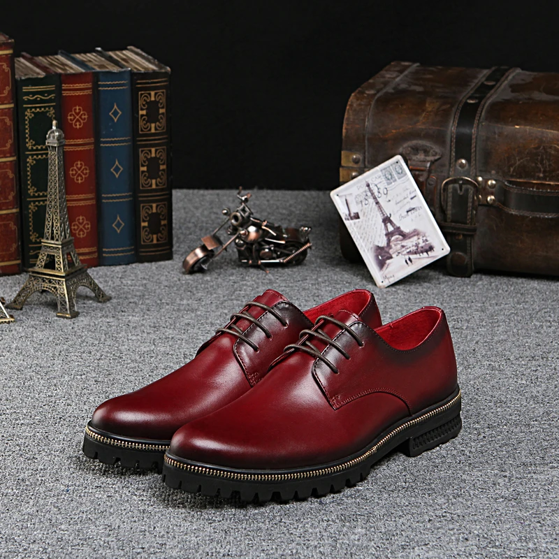 NEW men fashion business dress burgundy shoes Qshoes real cow leather