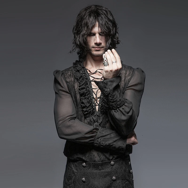 

Steampunk men's V-neck tie black print blouses transparent long-sleeved casual performance slim shirt top