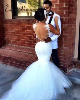 

Illusion Back Sexy African Mermaid Wedding Dresses 2019 Appliques Lace Vintage Wedding Gown Plus Size Wedding Dress W0418