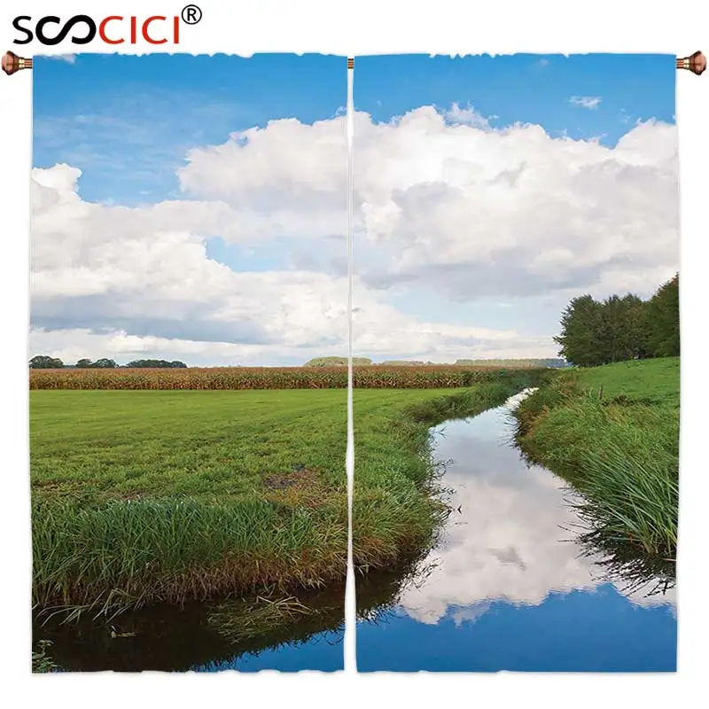

Window Curtains Treatments 2 Panels,Lake House Decor Reflective Calm River Landscape Meadow Grass Clouds Wildflowers Trees