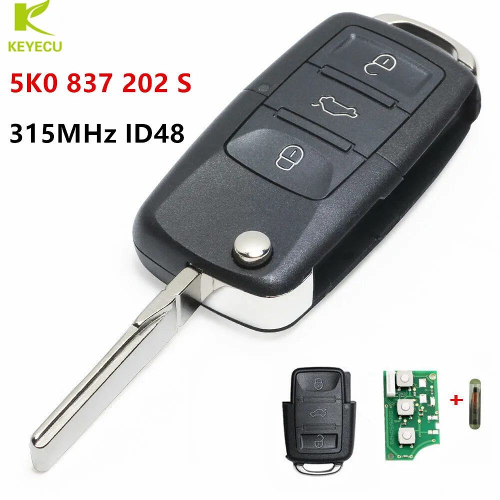 

KEYECU Upgraded Folding Remote Key Fob 3 button 315MHz ID48 chip for Volkswagen 5K0837202S ZV Radio USA Golf Scirocco Beetle