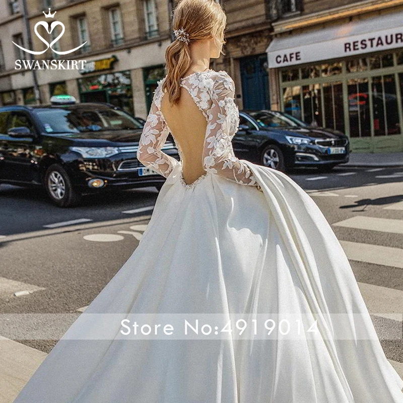Swanskirt элегантное атласное свадебное платье с длинным рукавом и аппликацией из бисера ТРАПЕЦИЕВИДНОЕ платье для невесты принцессы Vestido de Noiva Z105