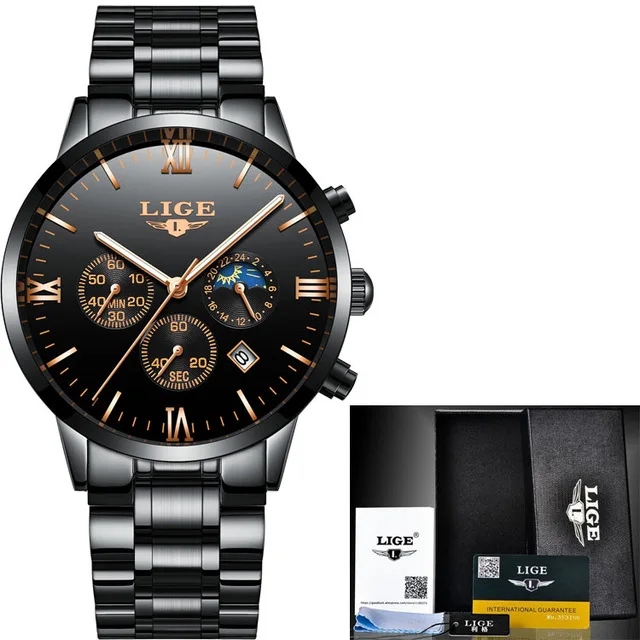 Люксовый бренд Мужские часы LIGE хронограф мужские спортивные черные часы водонепроницаемые полностью Стальные кварцевые мужские часы Relogio Masculino - Цвет: Steel Black Gold
