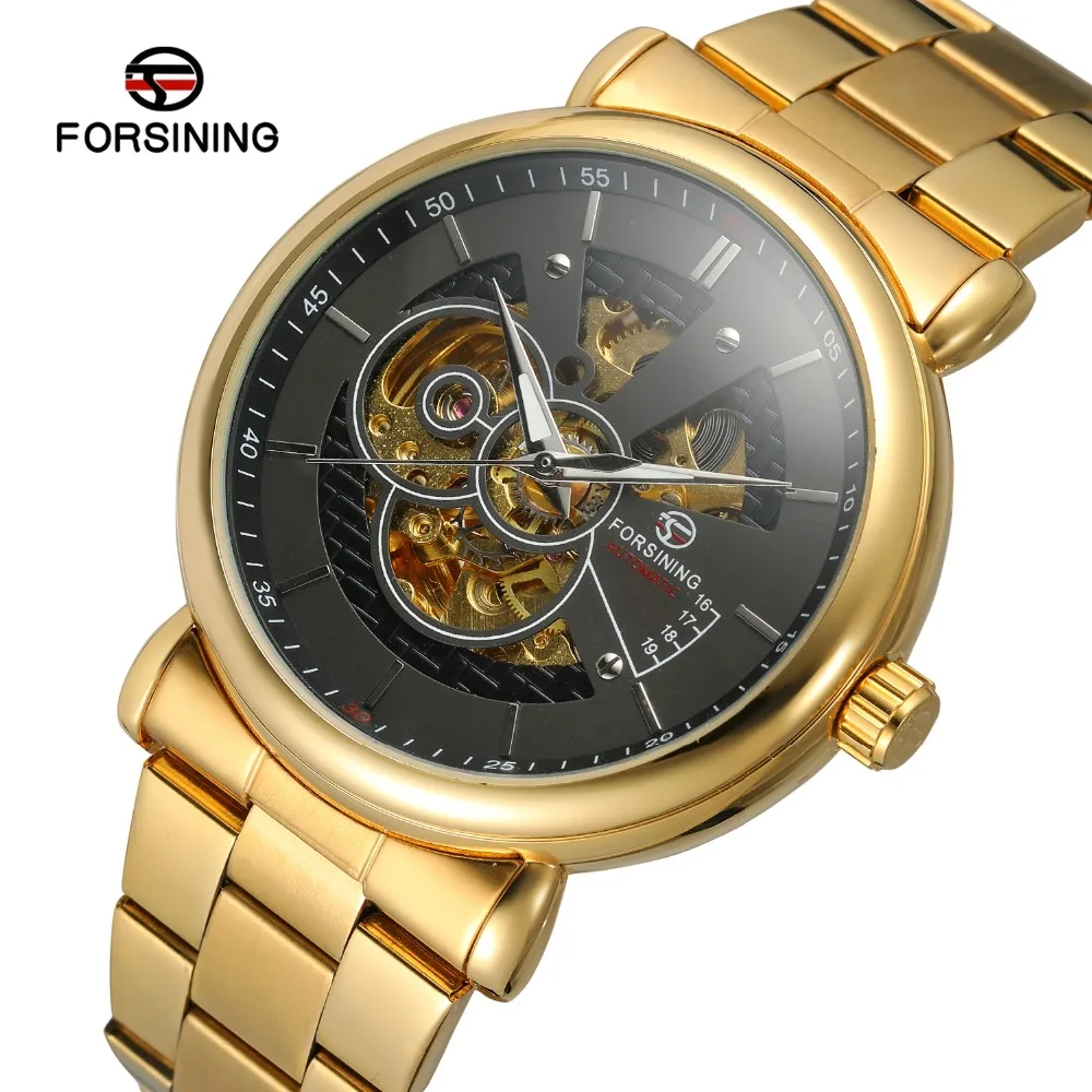 

Fashion FORSINING Top Men's Automatic Movement Casual Skeleton Brand Analog Display Watch Full Gold Black Stainless Steel Sport
