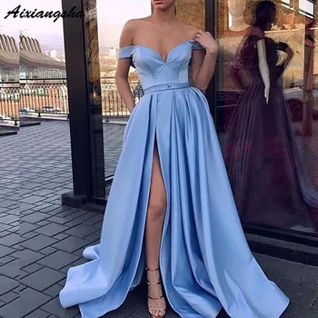 

Blue Muslim Evening Dresses Long A-line V-Neck Off Shoulder Slit Sexy Islamic Dubai Arabian Long Elegant Evening Dress