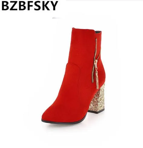 

BZBFSKY Bling Wedding Boots Bride Red Black Zipper Square Chunky Block High Heels Ankle Boots Women Dress Shoes Fashion 34-43