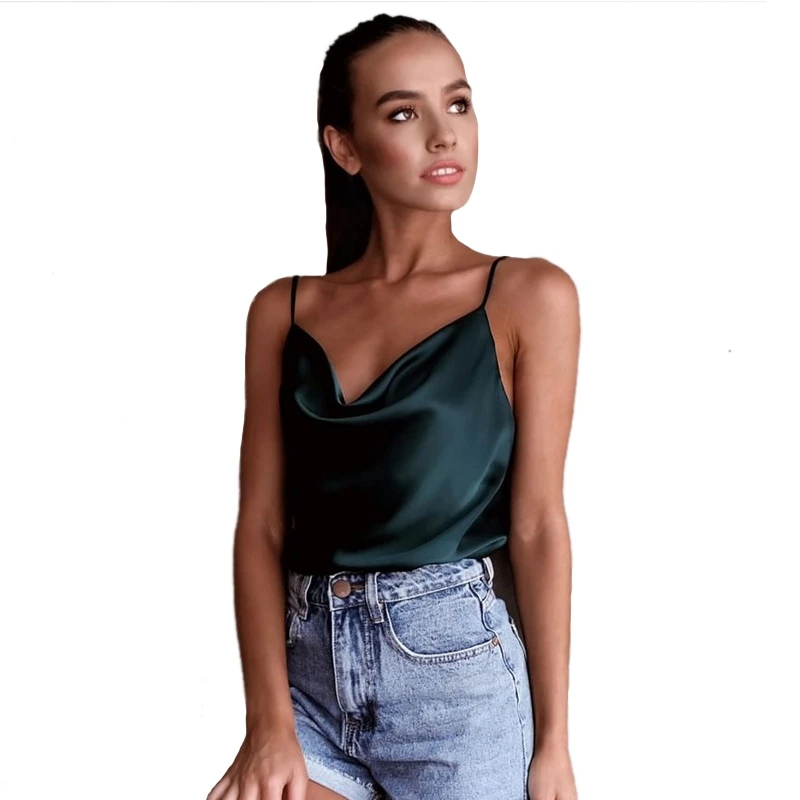 

Women Versatile Sling Sleeveless Solid Color Comfortable Tops V-Neck Simulation Silk Chiffon Summer Camisole