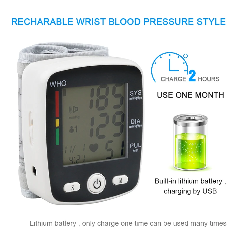 

Rechargeable Health Care Germany Chip Automatic Wrist Digital Blood Pressure Monitor Tonometer Meter Measuring And Pulse Rate