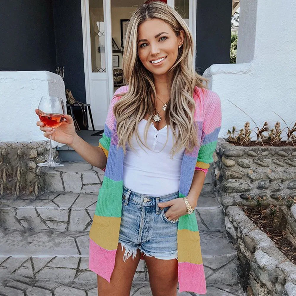 

womens woman cardigan sweater korean style women streetwear knitted cardigan color rainbow stitching cardigan sweater coa