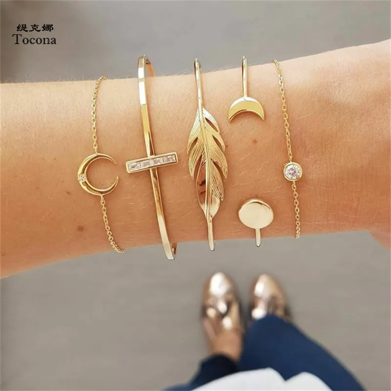 

Tocona 5 Pcs/set Fashion Punk Gold Chain Moon Leaf Crystal Geometry Open Bracelet Set Women Charm Beach Accessories Jewelry 6840