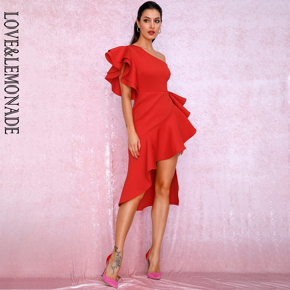 

LOVE&LEMONADE Sexy One Shoulder Ruffle Trim Sleeveless Elastic Material Party Dress LM90058 RED