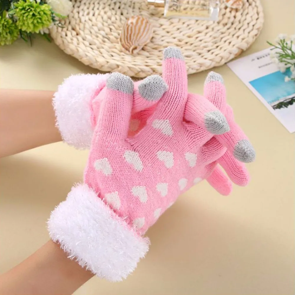 Для женщин зима теплая картина сердце толщиной 3 пальцы Сенсорный экран трикотажа стрейч glovess