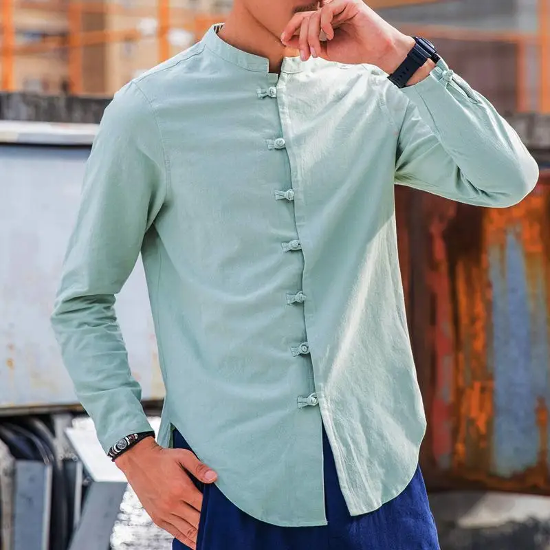 ZEESHANT Plus Size M-5XL Casual Social Shirt 9 Colors Men Long Sleeve Chinese Style Linen Shirts Traditional Kung Fu Tang Top