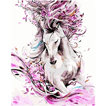 

Painting By Numbers DIY Dropshipping 40x50 50x65cm Flowers and white horse Animal Canvas Wedding Decoration Art picture Gift