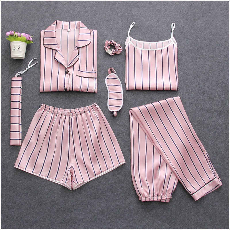 Розовая полосатая Пижама, Шелковый Атласный Женский пижамный комплект, 7 шт., стежка, нижнее белье, халат, пижамные комплекты, женская одежда для сна, домашняя одежда для женщин - Цвет: C2