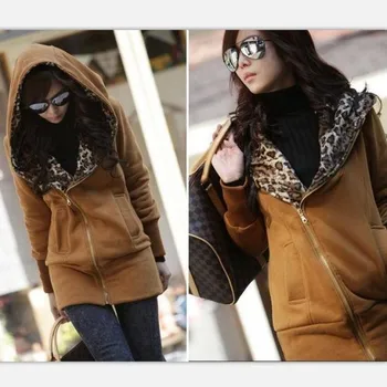 

Women Fashion Leopard Hooded Autumn Padded Jacket Korean Slim Leopard Plus Velvet Inner Jacket Casual Parkas Lady Cotton top XXL