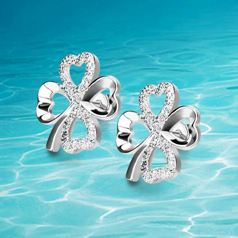 

925 pure silver earrings with four-leaf clover studs, hollowed out silvery bright women's Stud Earrings,delicate gifts.