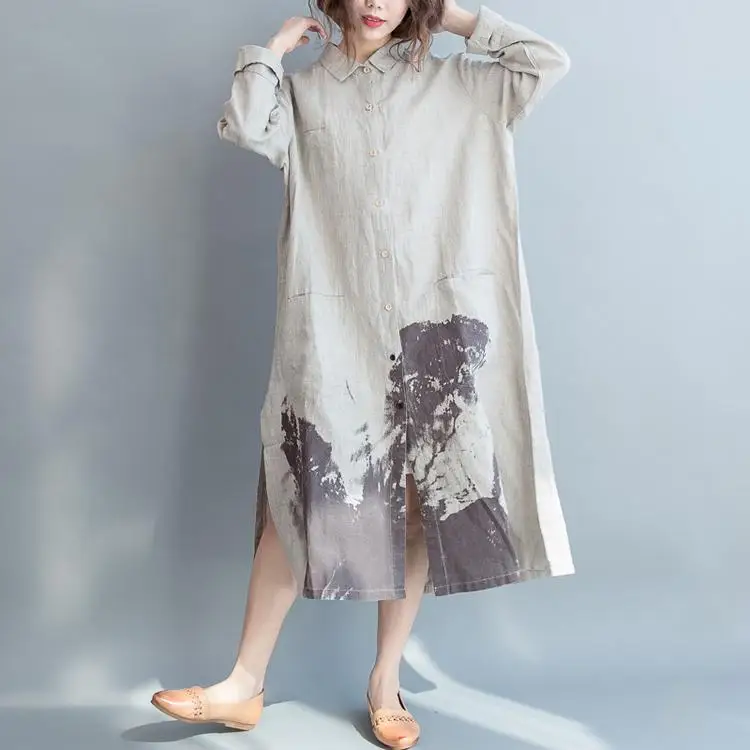Women Button Down Shirt Dresses Printed Long Skirt Maternity Cotton Linen Blouse Pregnant Dress