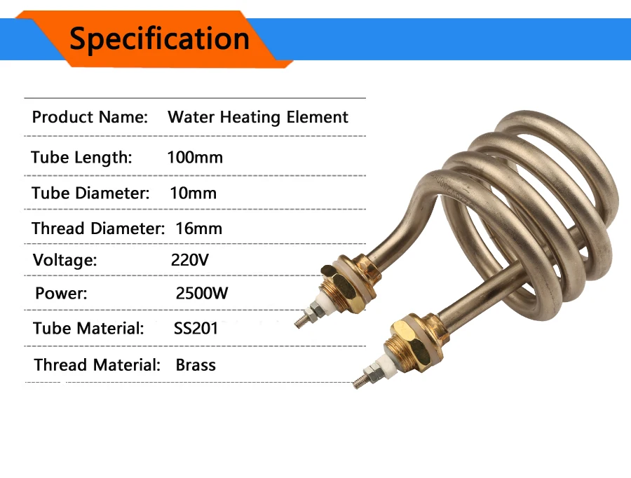 Дистиллированная вода Механическая электрическая тепловая труба 10 мм 2500 Вт спираль из нержавеющей стали погружной нагревательный элемент