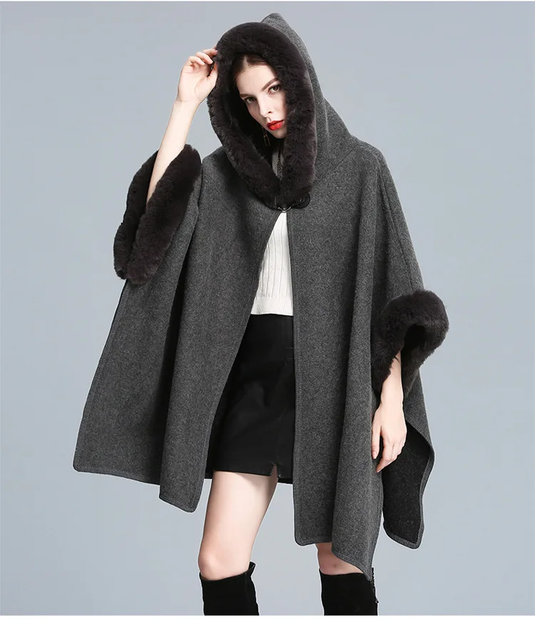 Роскошная Новая накидка в западном стиле из кроличьего меха с капюшоном, плащ, пальто, пончо, шаль из пашмины, женское осенне-зимнее свободное меховое пальто - Цвет: dark gray