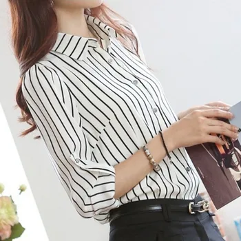 

Women Striped Long Sleeve Shirt Turn-Down Collar Loose Blouse Plus Size