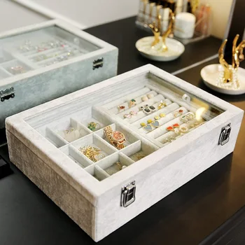

Velvet Display Case Box Earring Ring Organizer Jewelry Tray Storage Showcase with Clear Glass Lid Grey Jewelry Case Box