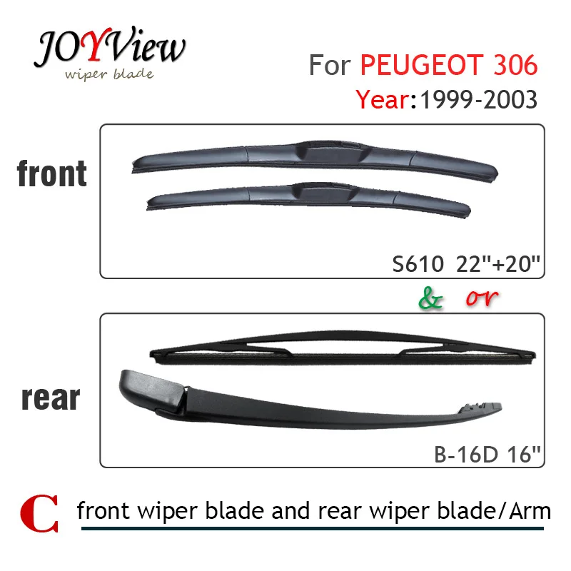 Escobilla de limpiaparabrisas delantero y de limpiaparabrisas brazo trasero S610 para 306 (1999 2003), escobilla de limpiaparabrisas trasera de 16 "para PEUGEOT 306|wiper wiper bladearm blade - AliExpress