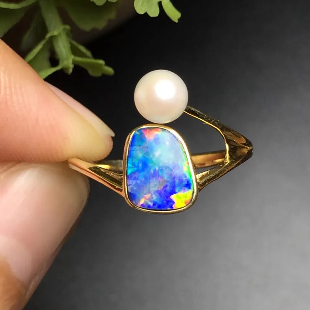 Женское кольцо с натуральным черным опалом anillos oro из натурального желтого золота