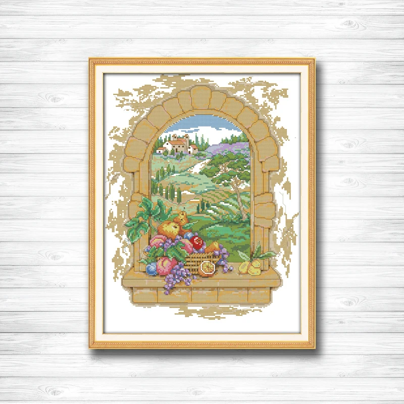

Mountain village window view fruits paintings dmc 14CT 11CT counted cross stitch Needlework Set Embroidery kits Home decor