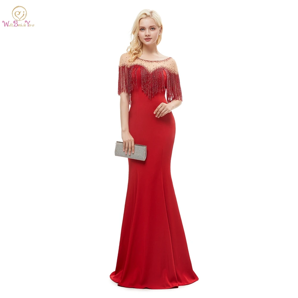 

Formal Gown Evening Dresses with Wrap 2019 Red Jersey Elastic Mermaid Long Floor Length Sheer Neck Beading Crystal Women Wear