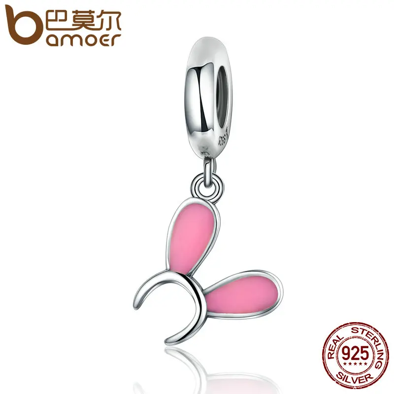 

BAMOER Genuine 925 Sterling Silver Sweet Rabbit Ears & Pink Enamel Animal Charms Fit Bracelets DIY Jewelry Making S925 SCC177