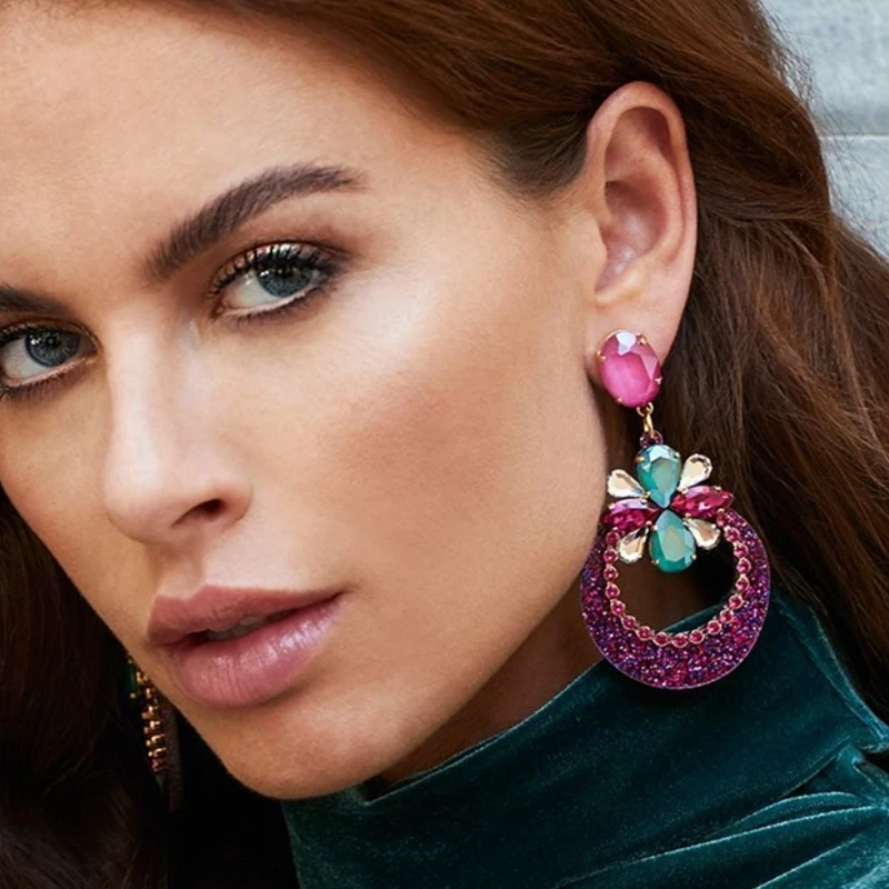 

AOTEMAN Flower Crystal Big Round Rhinestone Pendientes Drop Earrings For Woman Luxury Statement Earrings Long Oorbellen Jewelry
