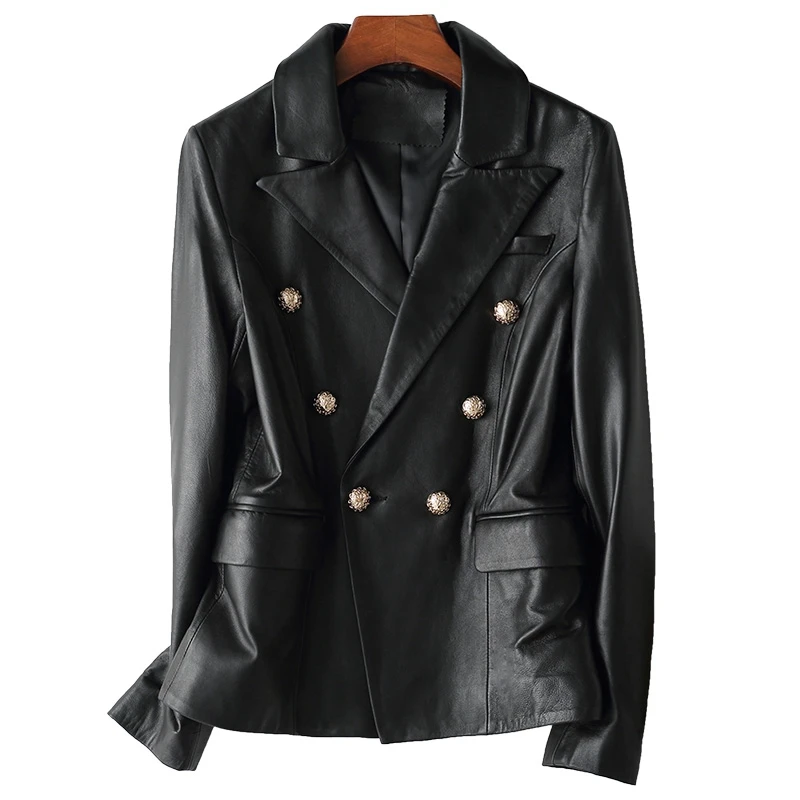 Пальто из натуральной овчинной кожи для женщин, тонкий стиль, модные женские черные тонкие весенне-осенние куртки из натуральной кожи, верхняя одежда - Цвет: black