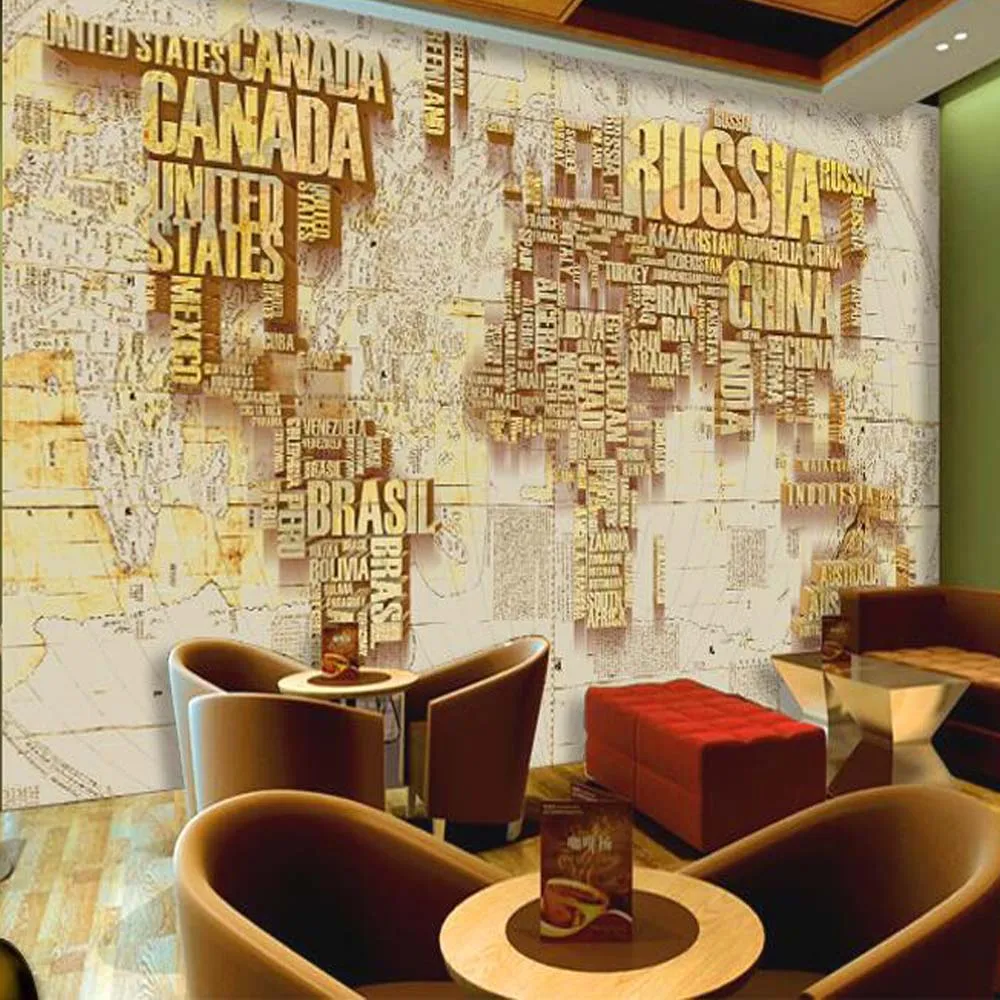 

3D Custom Gold World Map Wallpaper Murals for TV Background Three-dimensional Black Letter Large Photo Mural Map of the world